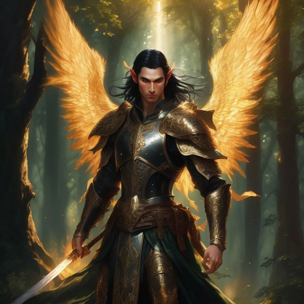 Prompt: A Male Elf with long Black Hair, black full plate armor, wielding a katana, in the middle of a forest, no off hand weapon, big golden wings, flaming angel halo.