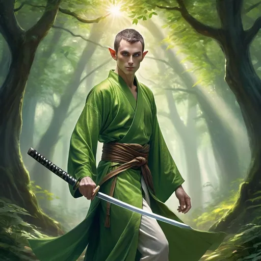 Prompt: A Male Elf with Monk Robes wielding a Katana.