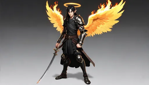 Prompt: A Male Elf with long Black Hair, black full plate armor, with a katana, no off hand weapon, big golden wings, flaming angel halo.