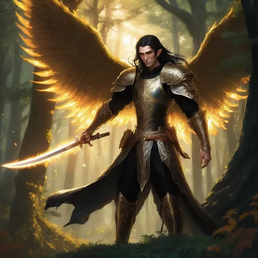 Prompt: A Male Elf with long Black Hair, black full plate armor, wielding a katana, in the middle of a forest, no off hand weapon, big golden wings, flaming angel halo.