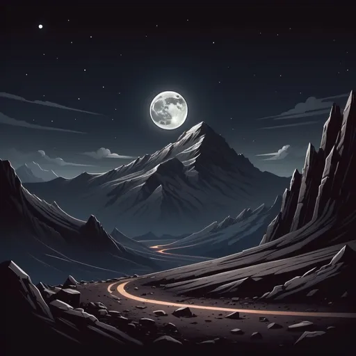 Prompt: 2d dark style, image of a base of a mountain olympus, small moon in the background, flat ground