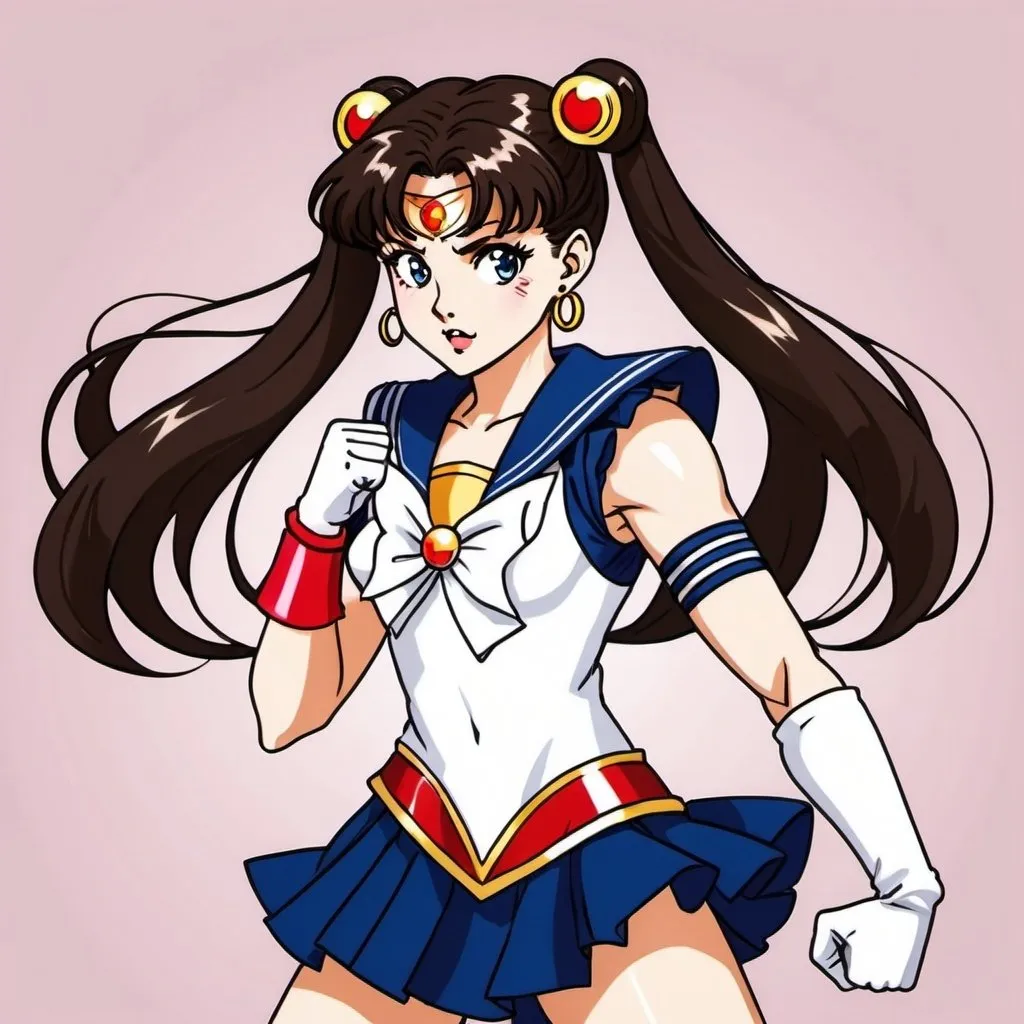 Prompt: Sailor Moon anime style illustration of a White woman with, wavy dark brown hair, in a fighting stance in the sailor moon costume