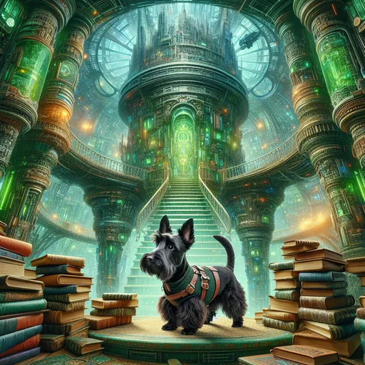 Prompt: (black Scottish terrier) in a (sci-fi castle), dressed in a (bards outfit), surrounded by an enchanting pile of (ancient books), creating a whimsical fantasy atmosphere, vibrant shades of green and deep earth tones, (high depth), (ultra-detailed), 4K, intricate architectural elements, magical glows, and a mystical ambience engulfs the scene, evoking a sense of adventure and ancient lore.