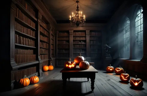 Prompt: haunted library, (ominous atmosphere), realistic pumpkins, floating ghosts, flickering candles, dim lighting, dark wood shelves filled with ancient books, dusty cobwebs, eerie shadows, mystical ambiance, horizontal composition, (highly detailed) , (4K) , (cinematic), mysterious, foreboding vibe