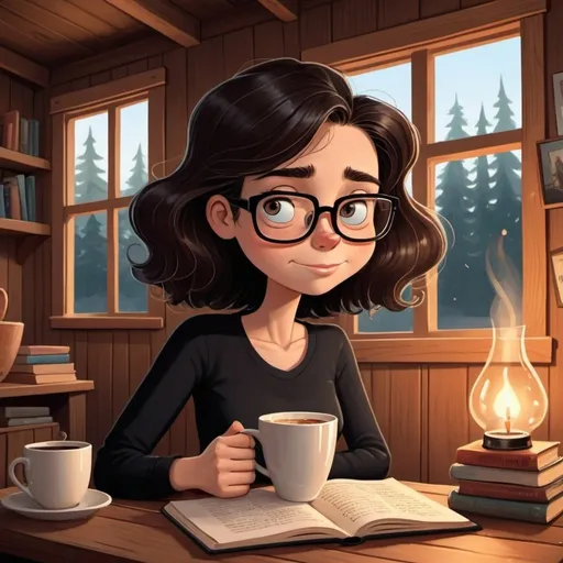 Prompt: Hey Arnold! cartoon style illustration of a White woman with square glasses and a black shirt, wavy dark brown hair, cozy cabin interior, reading book, sipping coffee, warm lighting, cozy atmosphere, comforting, bookworm, wooden cabin, indoor, calm, relaxation, comforting