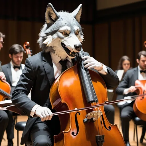 Prompt: a wolf playing a double bass in orchestra