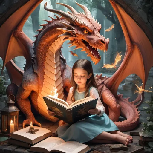 Prompt: a dragon with a girl and an open book with magic and animals spilling out
