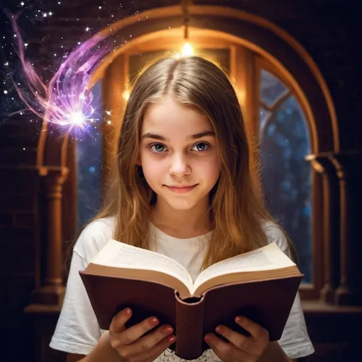 Prompt: magic teenage girl and a magic open book