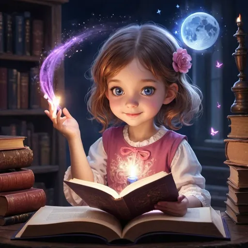 Prompt: magic girl and a magic open book