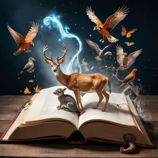 Prompt: an open book with magic and animals spilling out