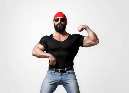 Prompt: strong man, jeans, hairless, black beard, sunglasses