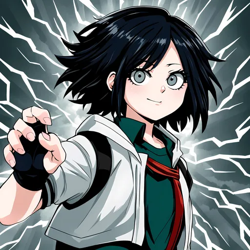 Prompt: Can you draw a OC with the anime style "boku no hero academia” She has short black hair, grey eyes, her power is the storm, and she has a cute face, At first glance you might think she is a tomboy but she is very feminine and sweet.