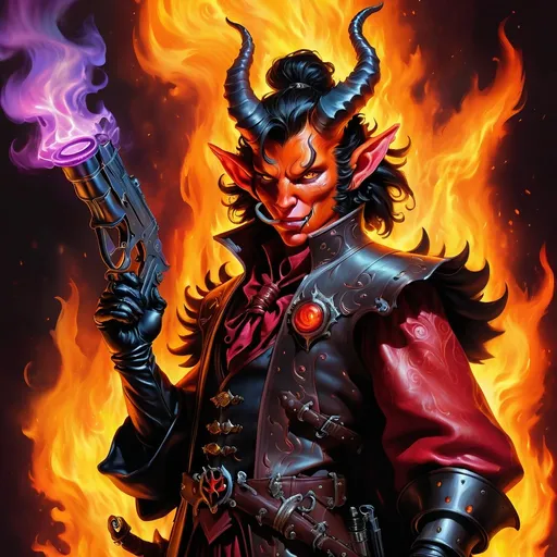 Prompt: Portrait of a pyromaniac artificer tiefling with entirely red skin, holding a magic gun, fantasy oil painting, fiery and intense expression, detailed horns and tail, high quality, oil painting, fantasy, fiery, intense expression, detailed horns, detailed tail, red skin,  professional artwork, dramatic lighting