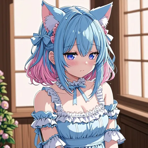 Prompt: anime, catgirl, detailed, pink/white/blue hair, shy, cat ears, very detailed, in a dress
