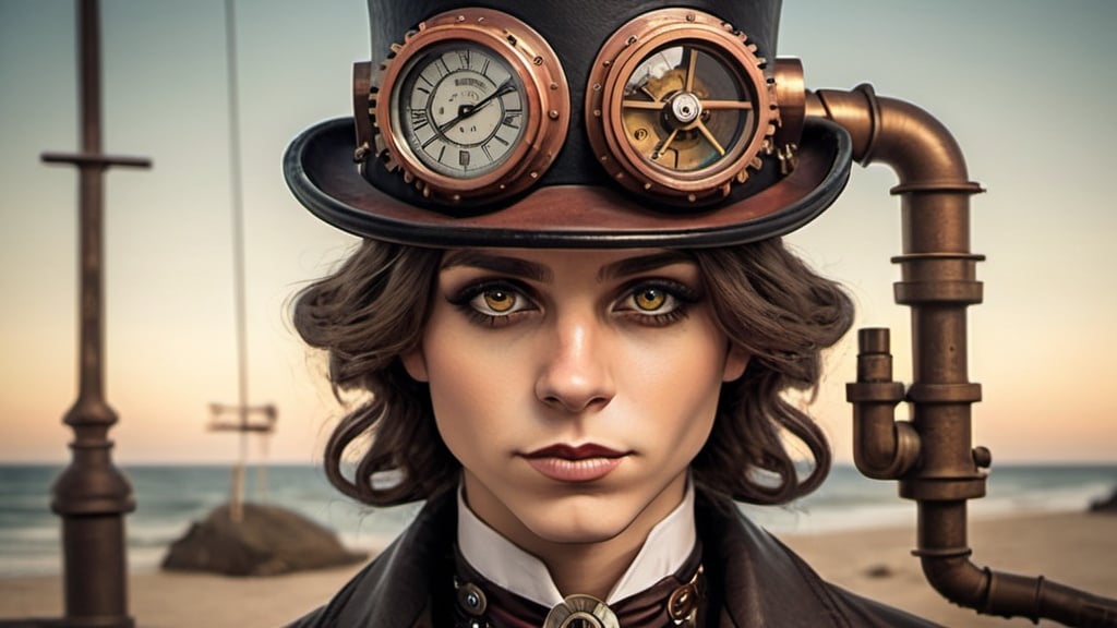 Prompt: A Steampunk portrait in the artistic style of the 1920s, Sin embargo, la providencia, con su peculiar sentido del humor, tenía reservada una sorpresa inesperada. En un giro del destino tan impredecible como un cuento de hadas, Banting decidió tomar un merecido descanso, dejando a Best a cargo de sus experimentos. Mientras el doctor se retiraba a una playa lejana, lejos de las preocupaciones del laboratorio, su joven ayudante se sumergía en un último intento desesperado.