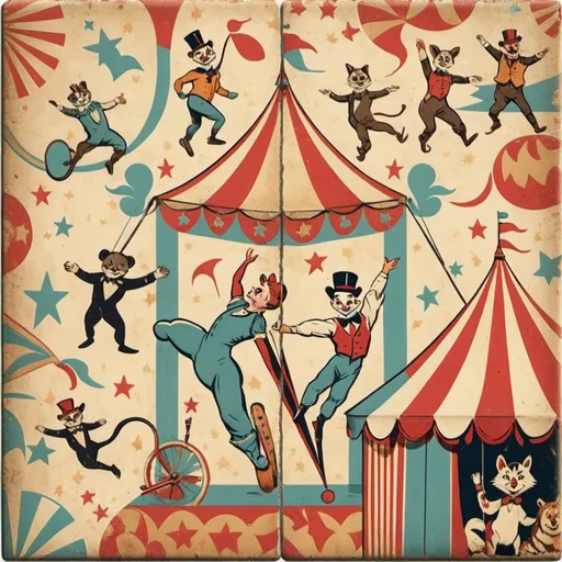 Prompt: A vintage pattern influenced by retro circus posters, with vibrant illustrations of acrobats, animals, and circus tents, in a nostalgic color palette and aged paper texture, evoking a sense of old-world entertainment and wonder. 8k --tile