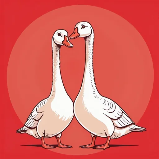 Prompt: two old whole geese, super cute, same action, looking in the same direction, facing the same direction, whimsical, thin line art, flat color illustration, high quality, red background