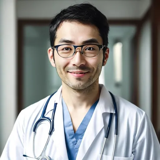 Prompt: Realistic portrait of a 35-year-old japan male medical doctor, working before a laptop, plump face with stubble, wearing a doctor's gown and glasess, handsome, serene expression, realistic style, intelligent