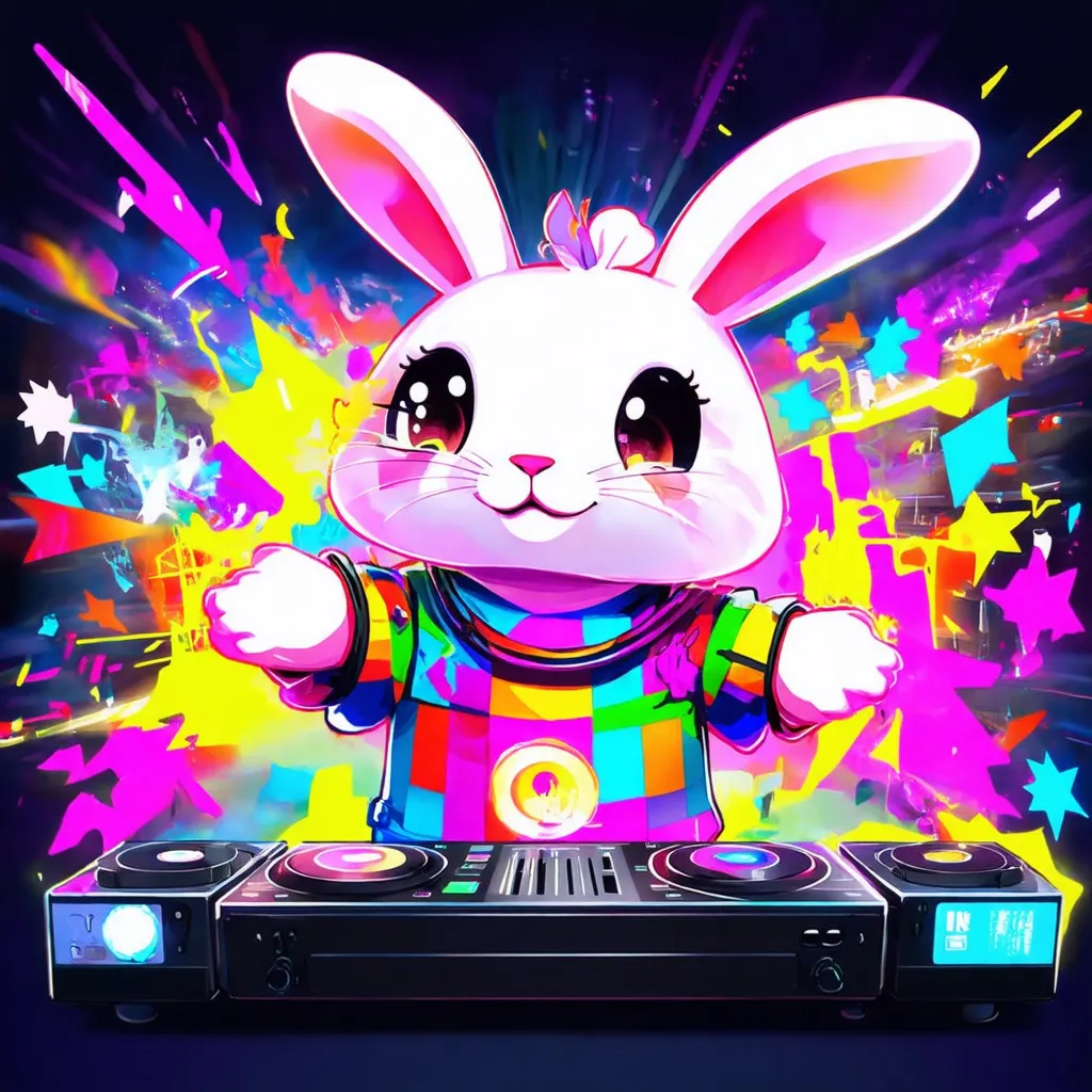 Prompt: Cute rabbit DJ wearing rave attire, anime art style