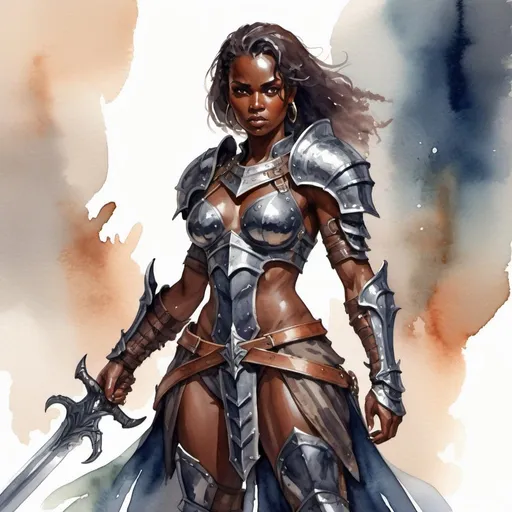 Prompt: Fantasy theme, [fierce dark-skinned heavily armored fighter woman holding greatsword], Anything v5 model, watercolor style 