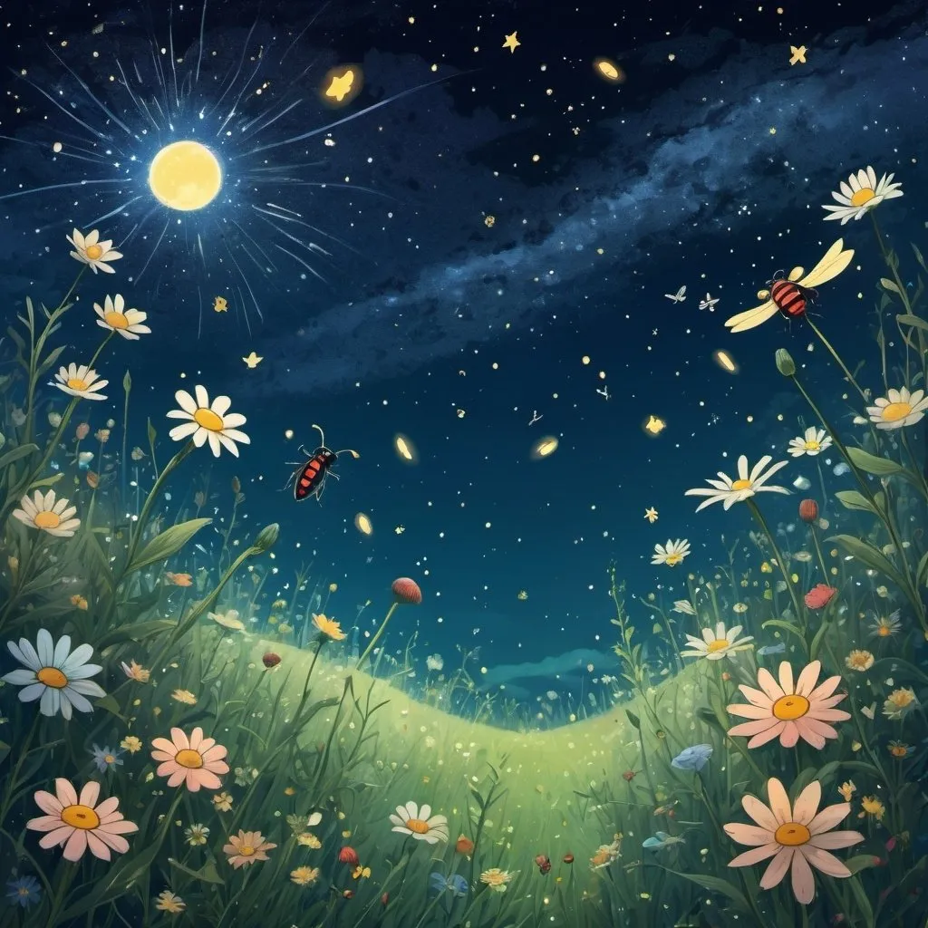 Prompt: Whimsical theme, starry night sky background, meadow of flowers with firefly-bugs, Studio Ghibli art style