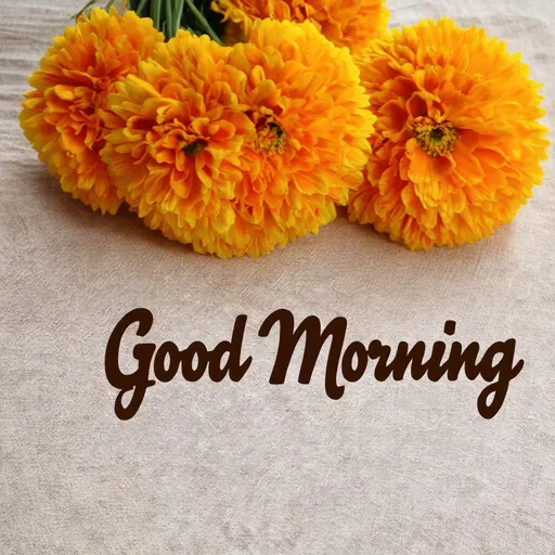 Prompt: Bouquet of marigolds laying on clothed tabletop [background], [foreground, "Good Morning" text written in calligraphy font type, dark brown text colour]