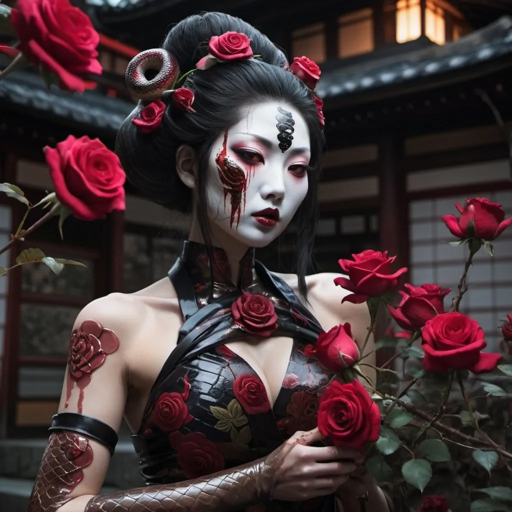 Prompt: Japanese horror theme, [sultry snake womam humanoid devouring roses], temple setting, evening time