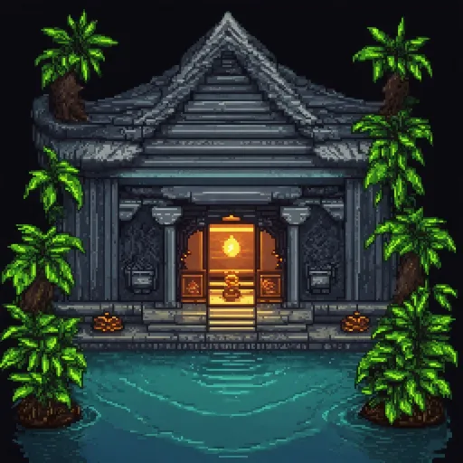 Prompt: RPG theme, dimly lit watery temple setting, pixel art style