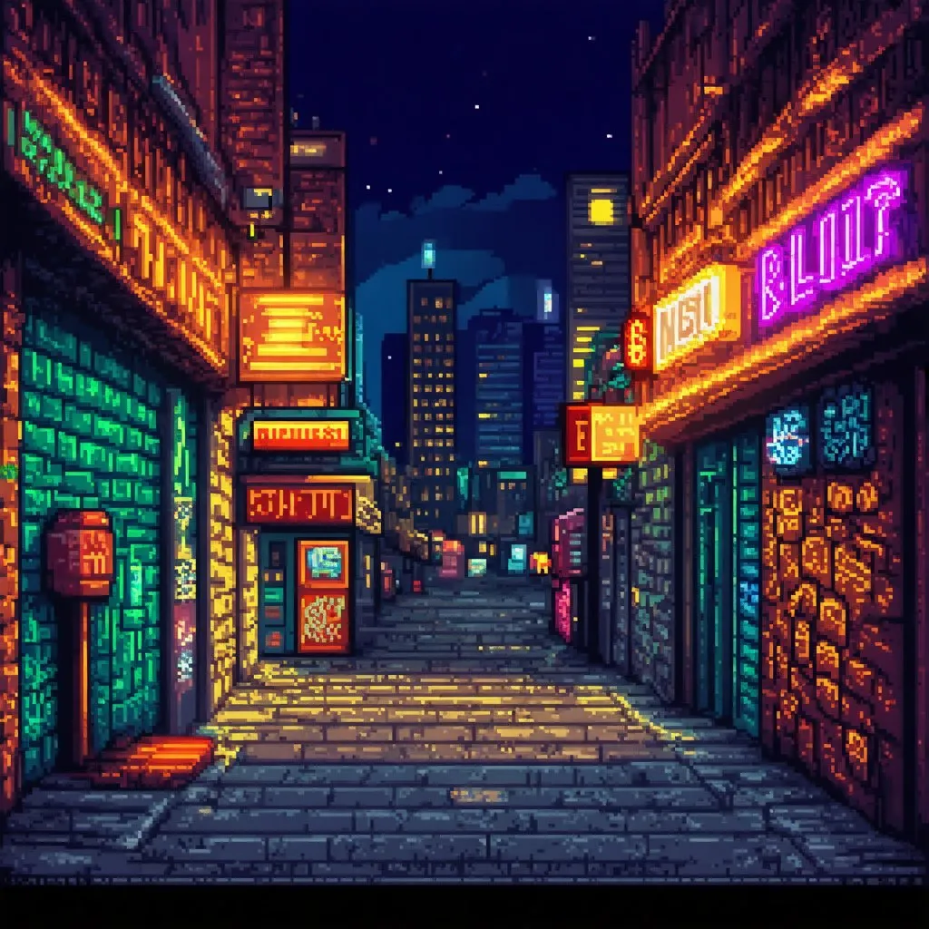 Prompt: Grunge theme, metropolis back alley setting, graffiti on building walls,nighttime, neon signs, pixel art