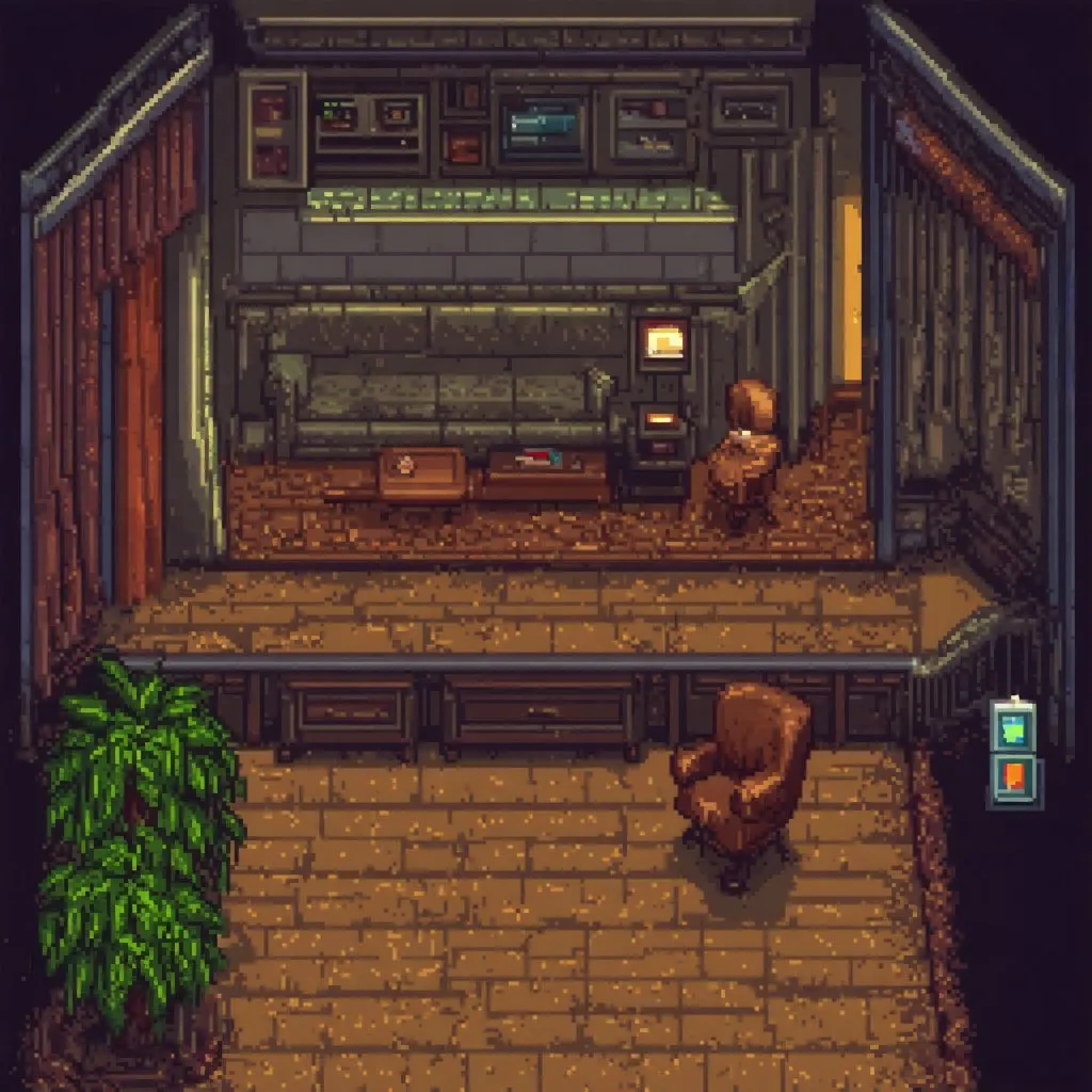 Prompt: RPG theme, abandoned hotel setting, night-time, eerie dim lighting, pixel art