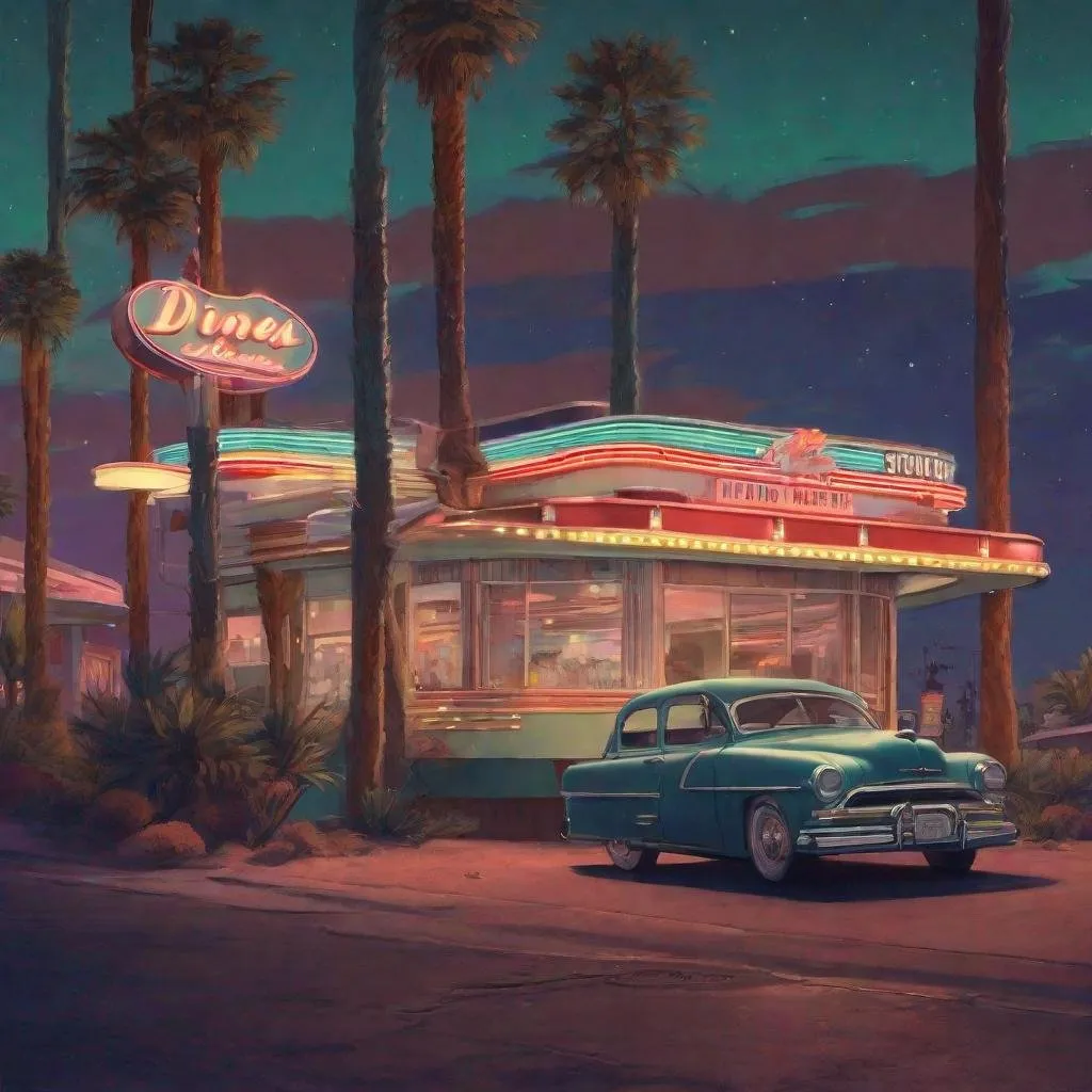 Prompt: 1950s Era Las Vegas diner, night time setting, Studio Ghibli style