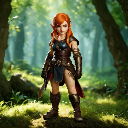 Prompt: Fantasy theme, red-haired halfling woman clad in leather armor [foreground], forest setting [background], character model