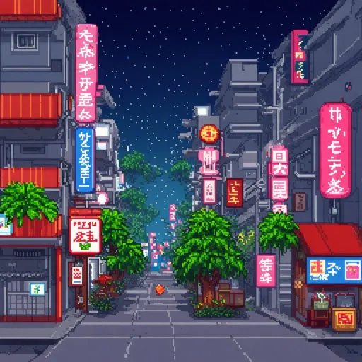 Prompt: Kawaii theme, Japanese cityscape setting, night-time, neon signs, pixel art style