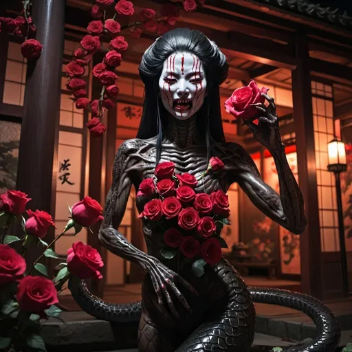 Prompt: Japanese horror theme, [vicious cobra woman humanoid devouring roses], temple setting, evening time