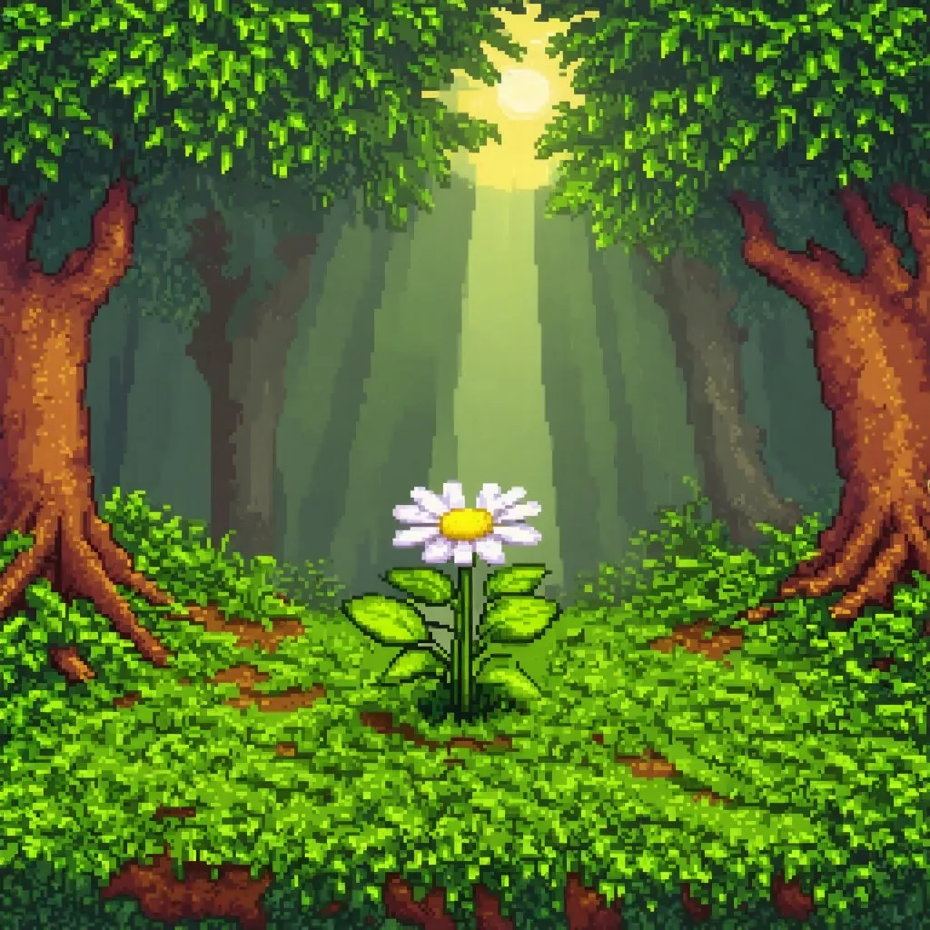 Prompt: Kawaii theme, [flower seedling sprouting forth from moss covered ground], forest setting sunlight rays through treetop canopy], sunrise, pixel art style 