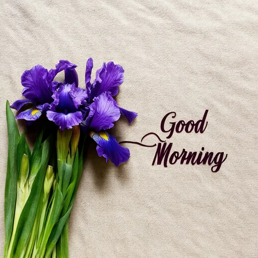 Prompt: Bouquet of purple irises laying on clothed tabletop [background], [foreground, "Good Morning" text written in calligraphy font type, dark purple text colour]