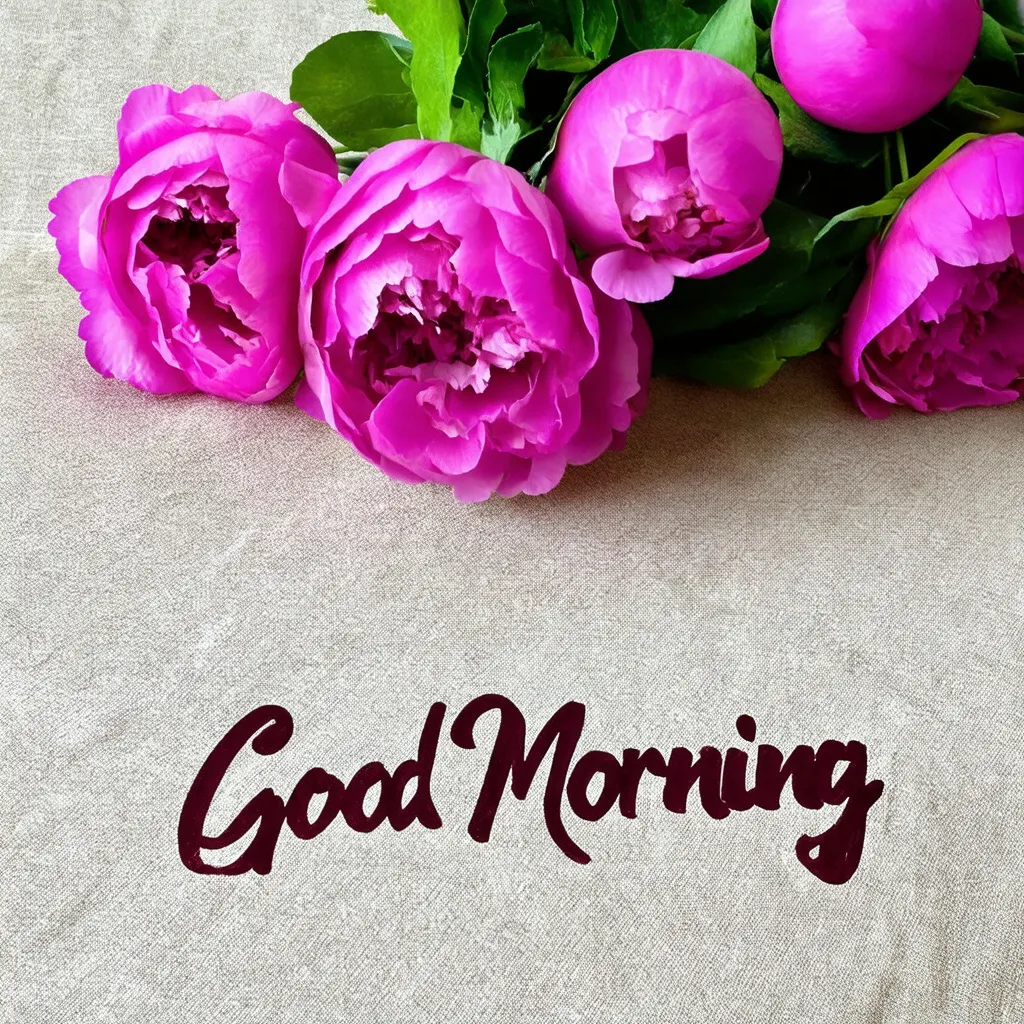 Prompt: Bouquet of peonies laying on clothed tabletop [background], [foreground, "Good Morning" text written in calligraphy font type, dark magenta text colour]