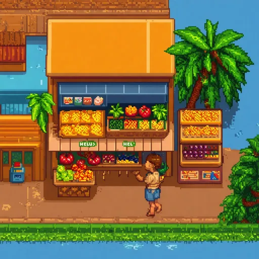 Prompt: Kawaii theme, Jamaican Island setting, [fruit market-stand], suburban village, pixel art style