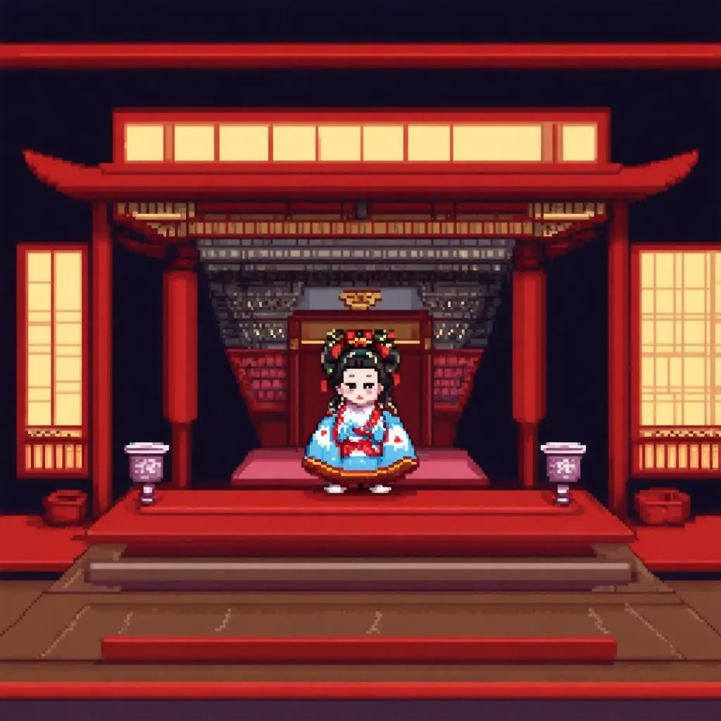 Prompt: Kawaii theme, Japanese kabuki theatre setting, [elaborate kabuki theatre stage, mysterious-dim lighting],evening time, pixel art style