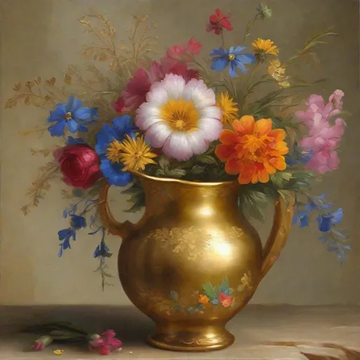 Prompt: Oil painting style, Renaissance Era, [tall gold gilded china pitcher full with vibrant bouquet wildflowers]