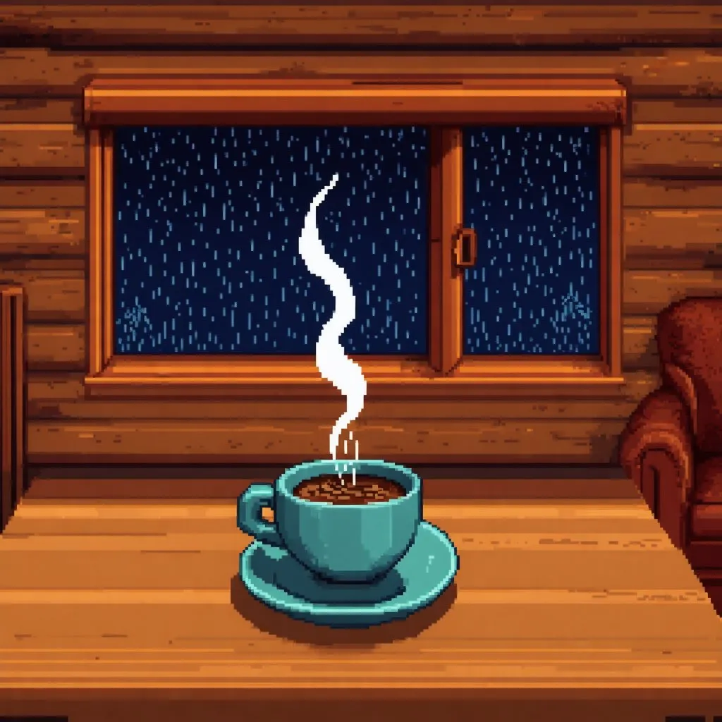 Prompt: Rustic theme, mug of steaming coffee sitting on table [foreground], wooden cabin living room setting, dimly lit, evening time, rainy weather seen from 
window [background], pixel art style