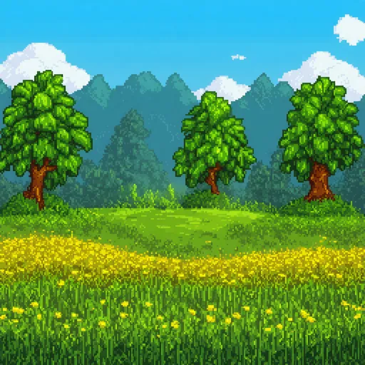 Prompt: Nature theme, meadow setting, pixel art