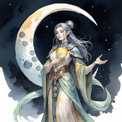 Prompt: Fantasy theme, [nurturing moon cleric woman], Anything v5 model, watercolor style 