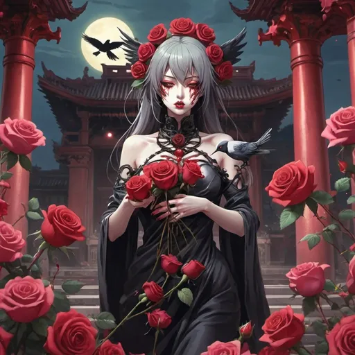 Prompt: Anime theme, [vicious bird woman humanoid devouring roses], temple setting, evening time