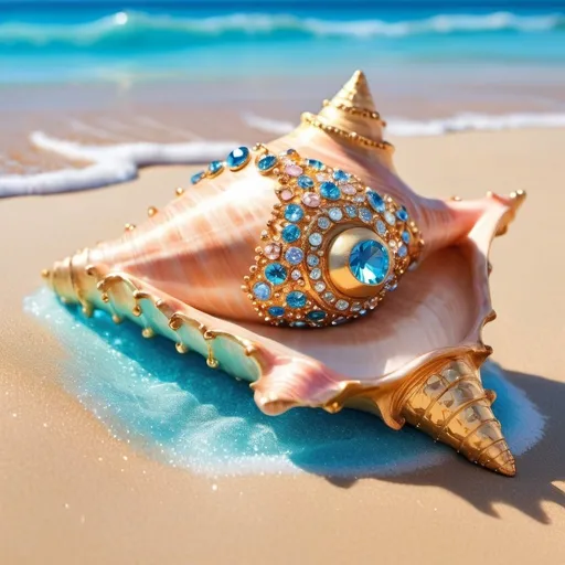 Prompt: Dreamy theme [gem-encrusted-conch-shell laying on beach], glittering blue ocean water, glittering golden brown sand, realistic style