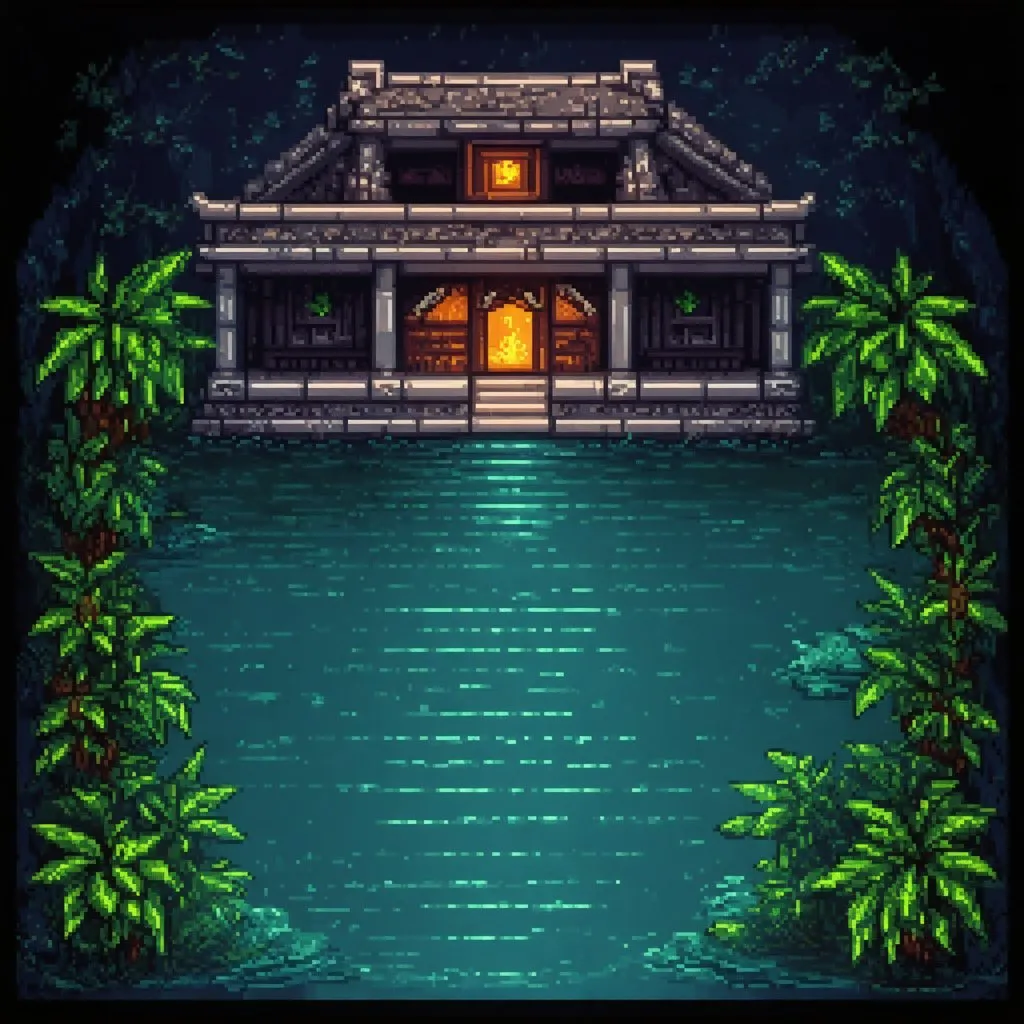 Prompt: RPG theme, dimly lit watery temple setting, pixel art style