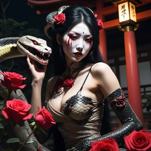 Prompt: Japanese horror theme, [sultry snake womam humanoid devouring roses], temple setting, evening time