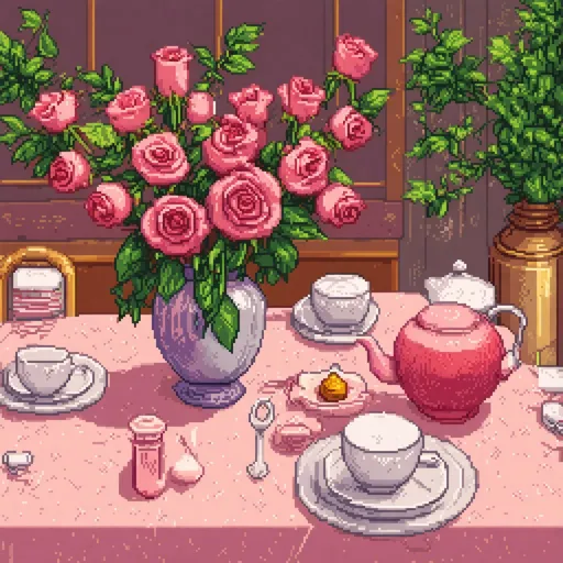 Prompt: Edwardian Era theme, elegant tea party setting, vase full of roses, pixel art style 