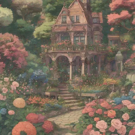 Prompt: [Elaborate Victorian floral garden], Studio Ghibli style 