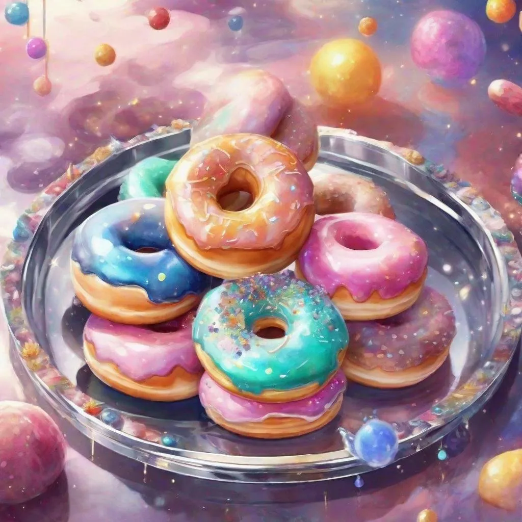 Prompt: Colorful fantasy theme, Anything v5 model, [cosmic-glazed 🍩 poised atop a silver-glittering tray], watercolor style